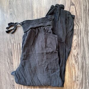 Aerie Black Crinkle Gauze Wide Leg Cropped Ankle | Smocked Waist Lounge | Size L